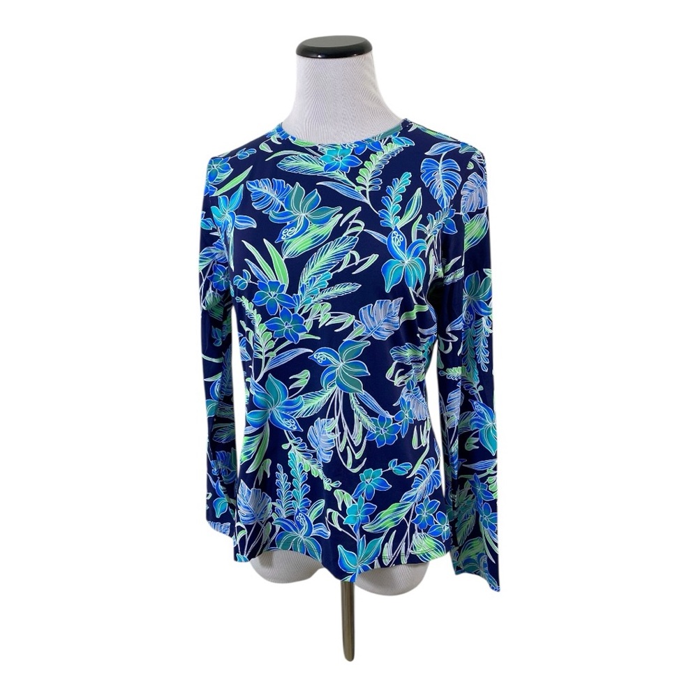 Lands End Rash Guard Athletic Swim Shirt Sz S Deep Sea Flower Swim Tee UPF 50